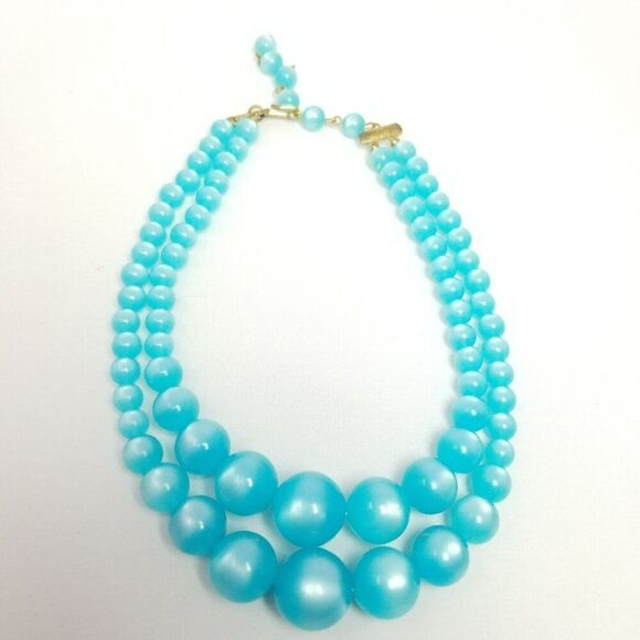 Vintage Blue Moonglow Double Strand Necklace 1950s, Graduated Sizes Beaded - Picture 1 of 7